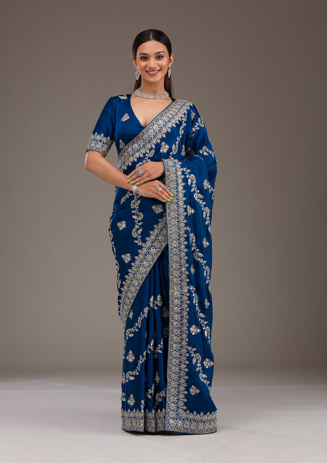 Royal Blue Threadwork Satin Saree