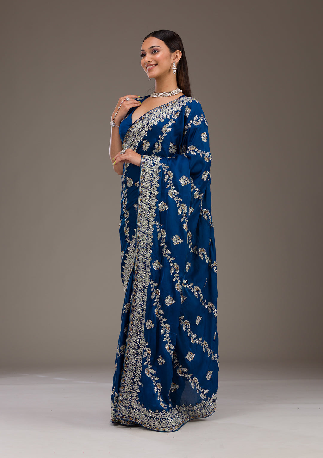 Royal Blue Threadwork Satin Saree