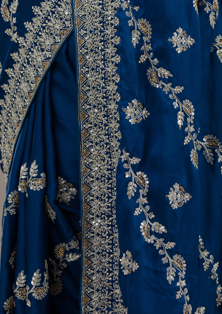 Royal Blue Threadwork Satin Saree