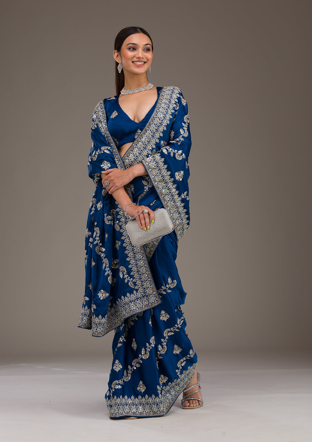 Royal Blue Threadwork Satin Saree