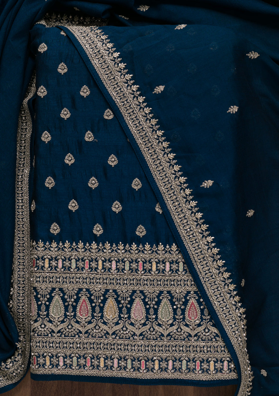 Royal Blue Zariwork Raw Silk Unstitched Salwar Suit