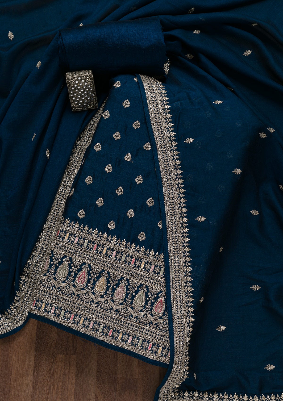 Royal Blue Zariwork Raw Silk Unstitched Salwar Suit