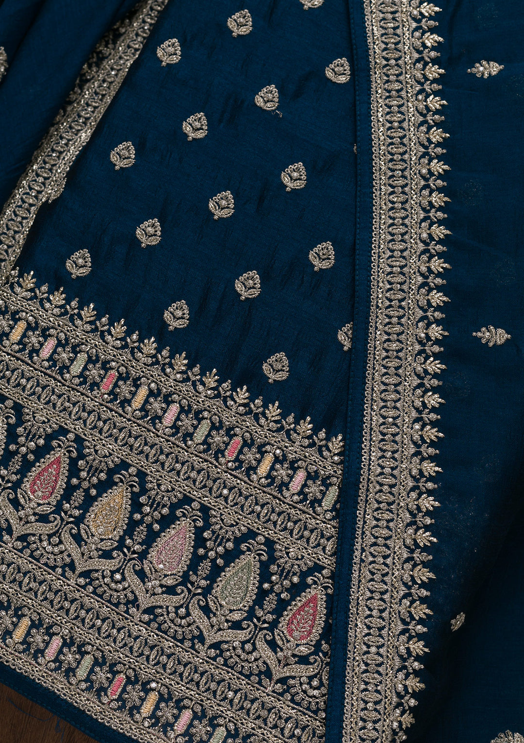 Royal Blue Zariwork Raw Silk Unstitched Salwar Suit