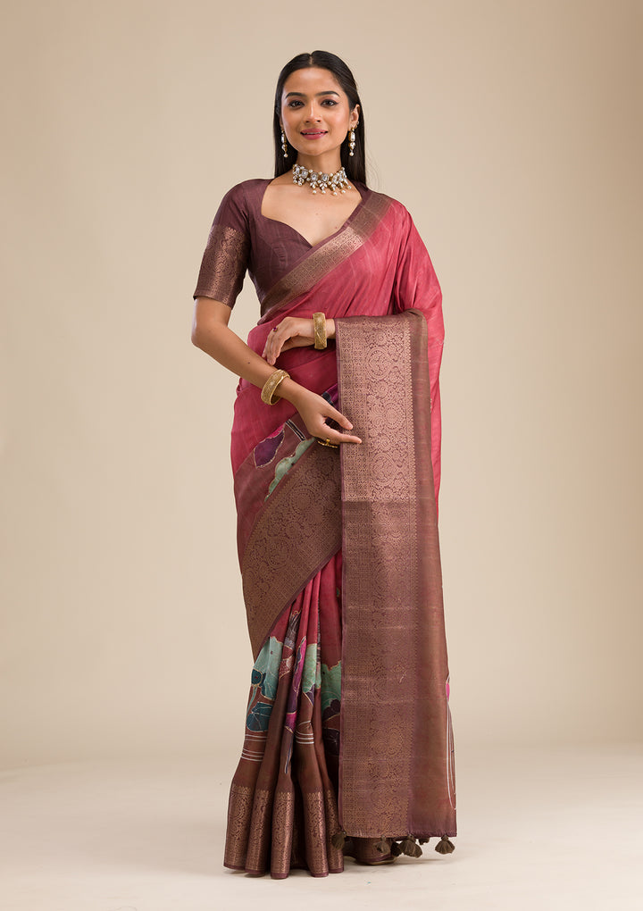 Rust Printed Art Silk Saree