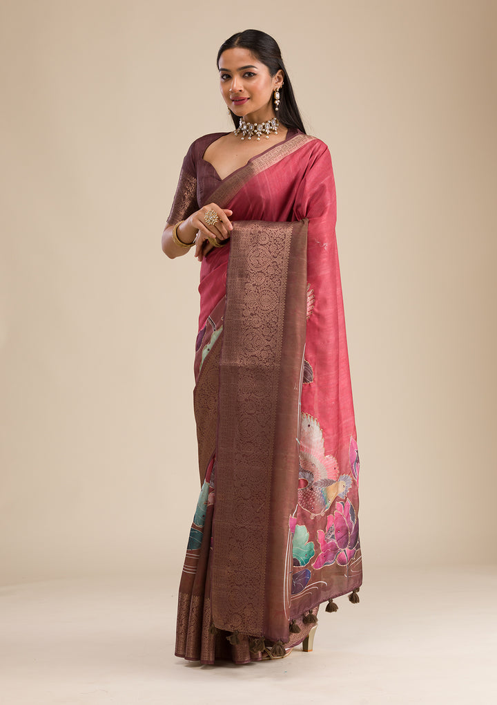 Rust Printed Art Silk Saree