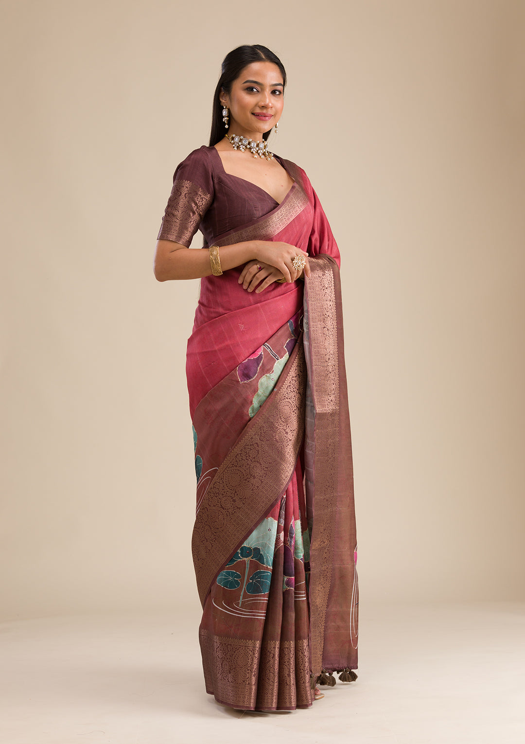 Rust Printed Art Silk Saree