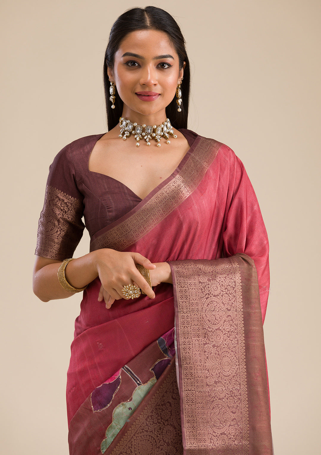 Rust Printed Art Silk Saree