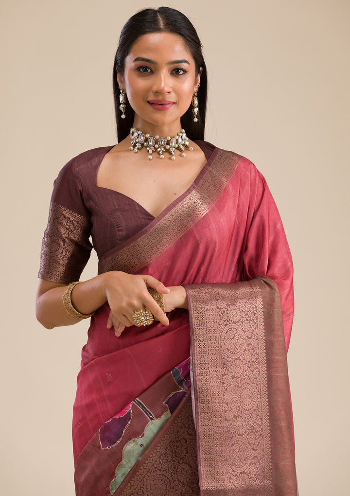 Rust Printed Art Silk Saree