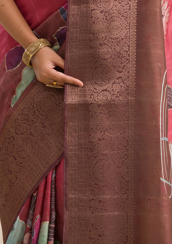 Rust Printed Art Silk Saree