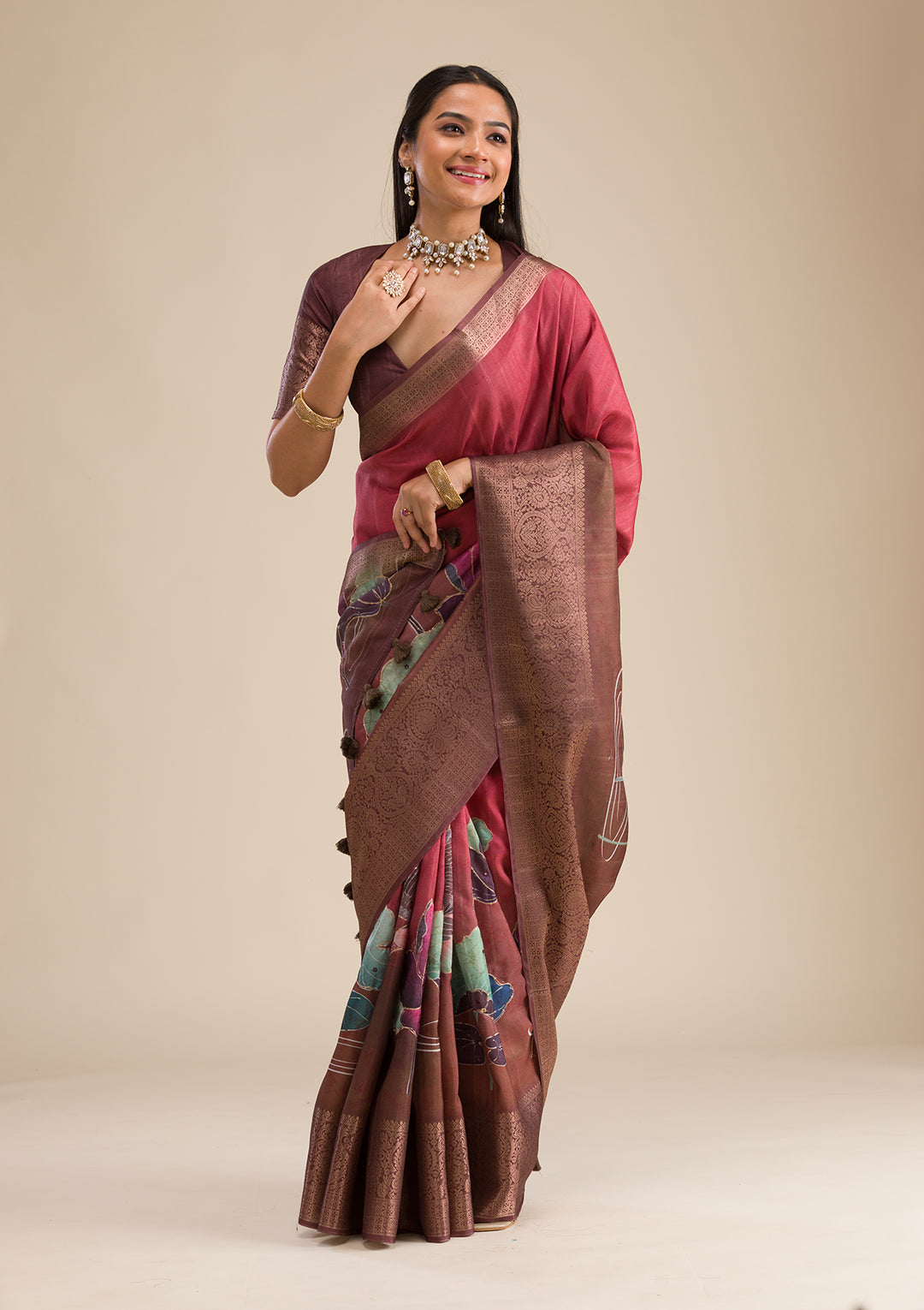Rust Printed Art Silk Saree