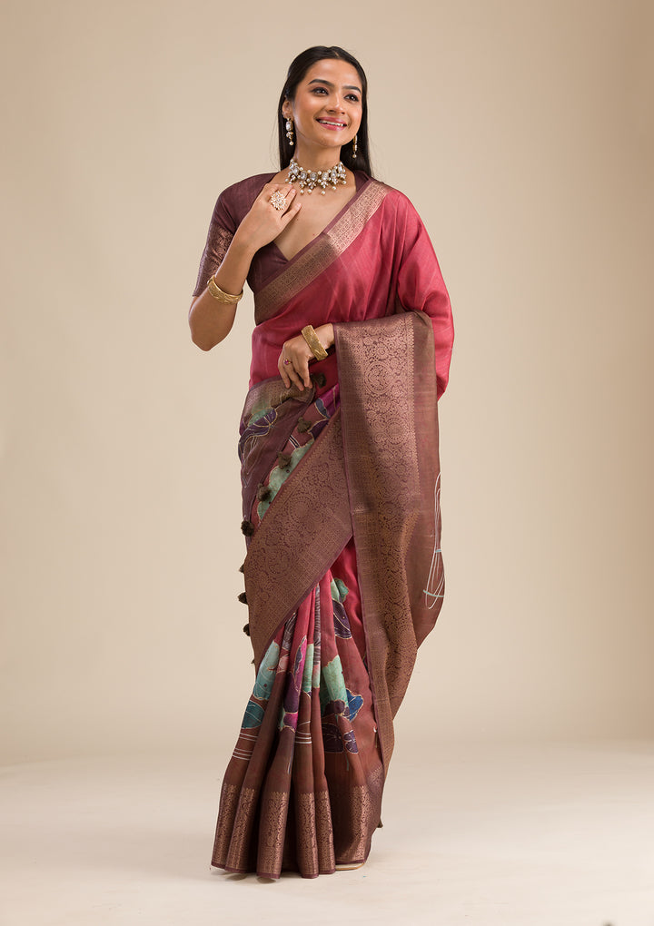 Rust Printed Art Silk Saree