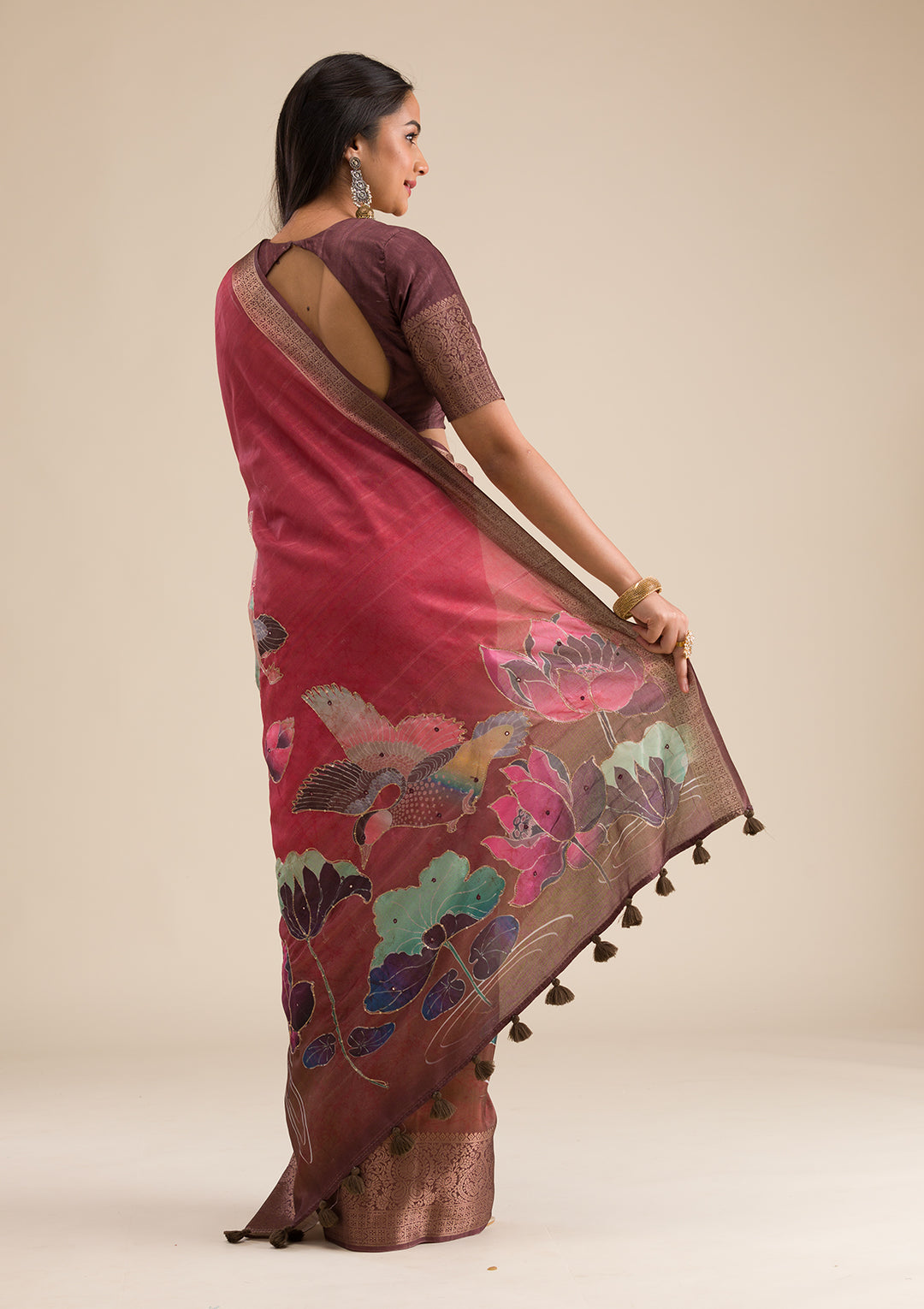 Rust Printed Art Silk Saree