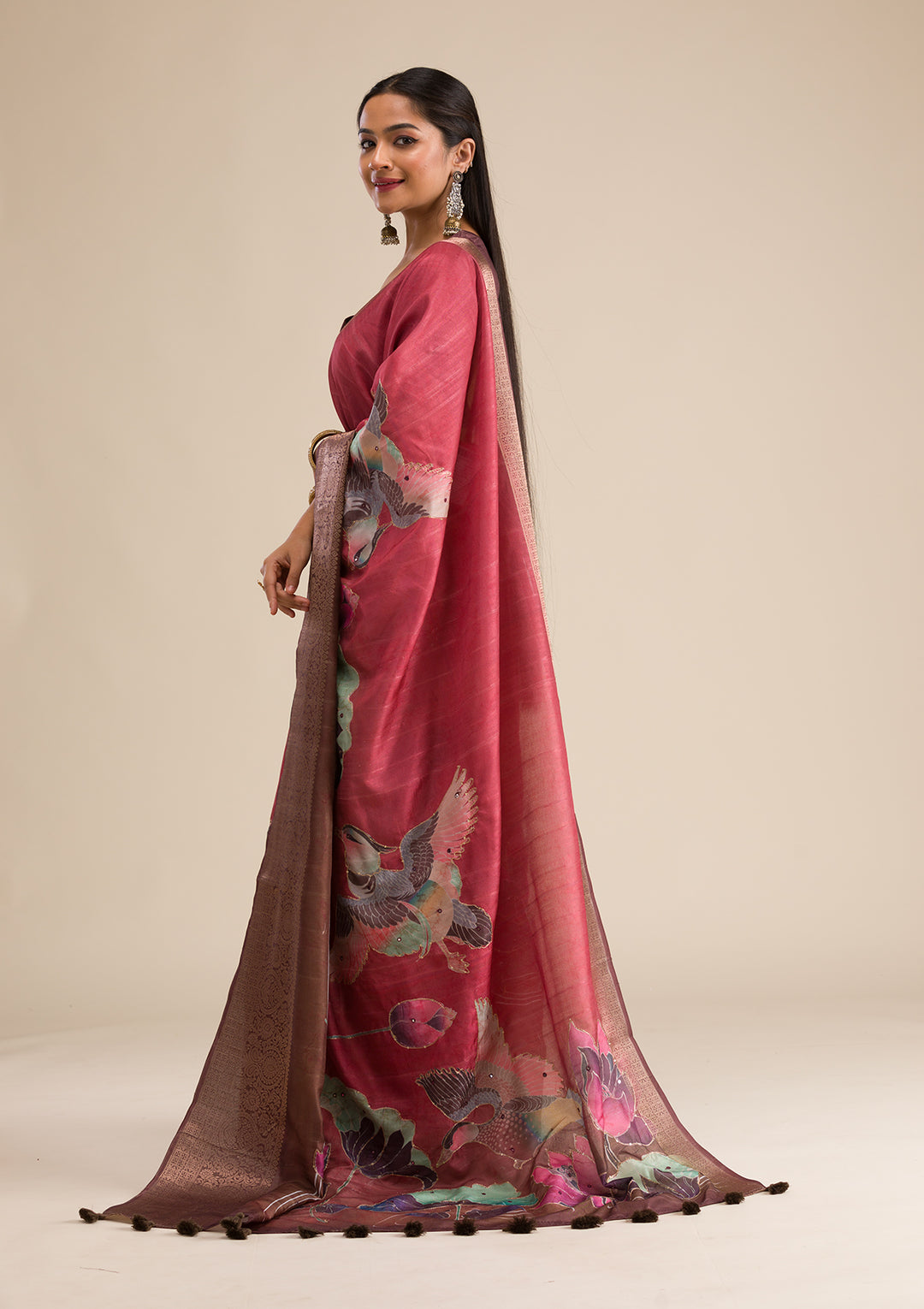 Rust Printed Art Silk Saree