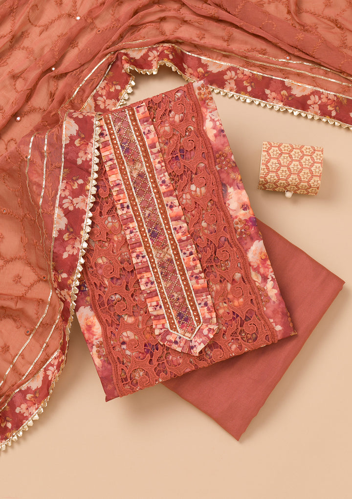 Rust Printed Organza Unstitched Salwar Suit