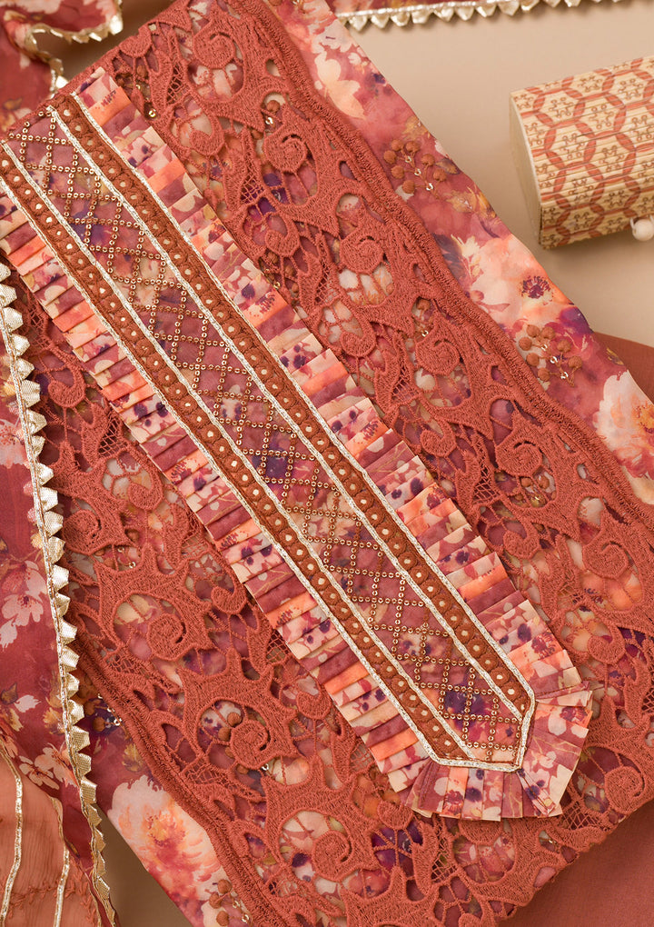 Rust Printed Organza Unstitched Salwar Suit
