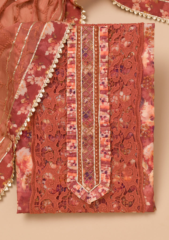 Rust Printed Organza Unstitched Salwar Suit