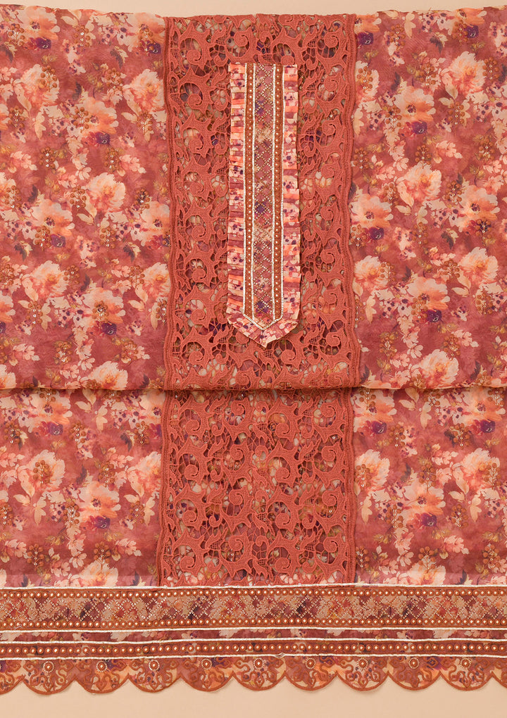 Rust Printed Organza Unstitched Salwar Suit