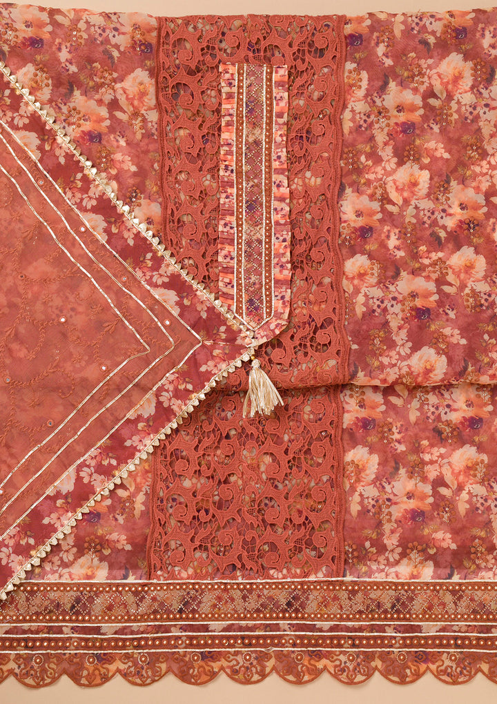 Rust Printed Organza Unstitched Salwar Suit