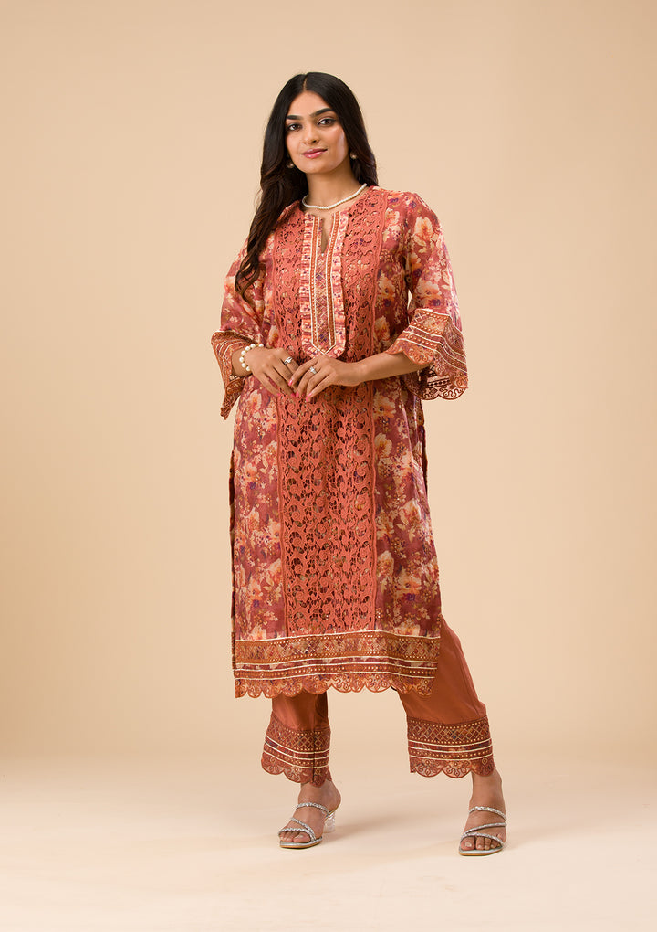 Rust Printed Organza Unstitched Salwar Suit