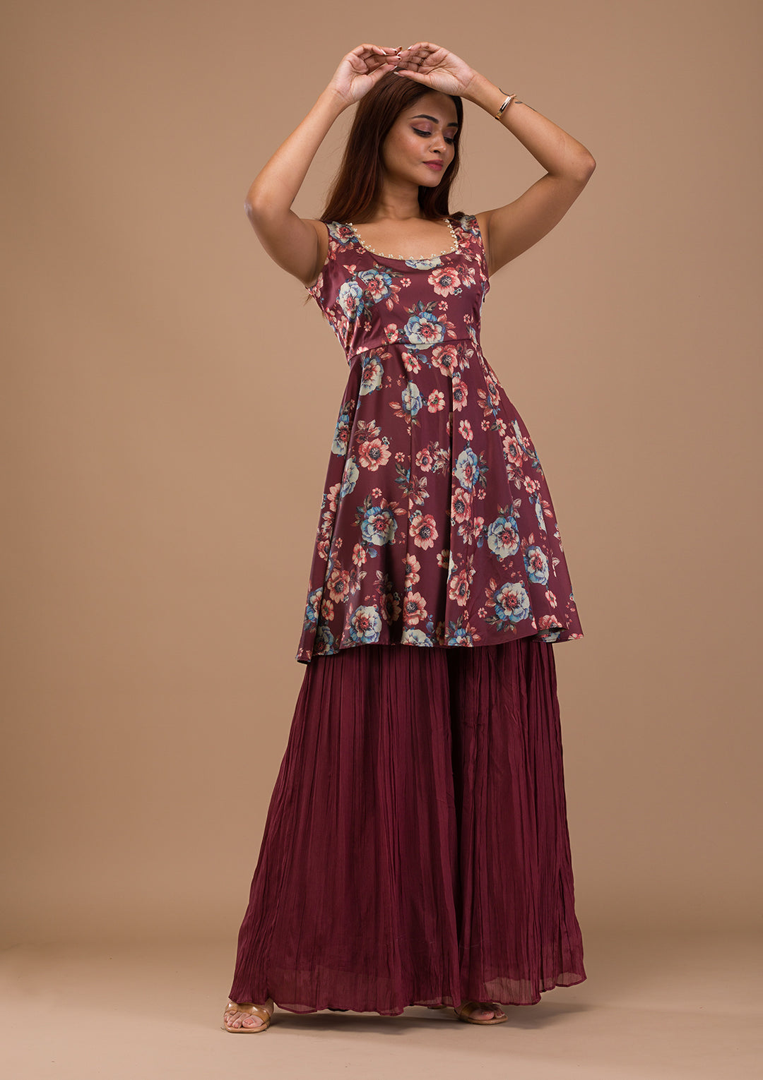 Rust Printed Semi Crepe Readymade Sharara Suit
