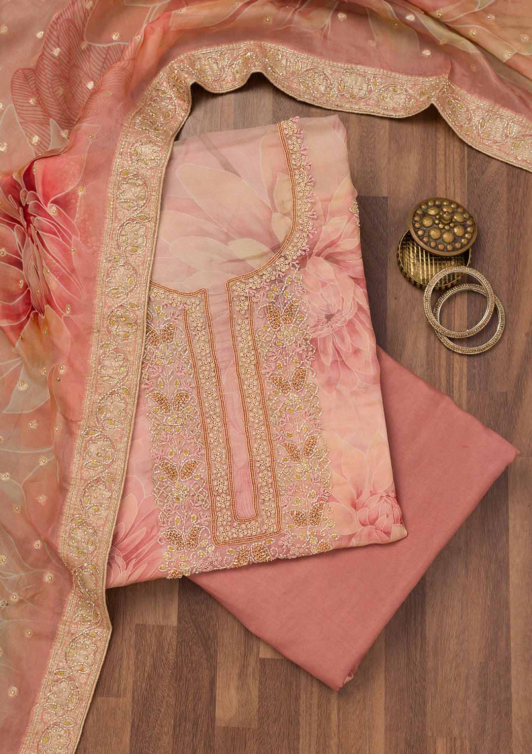 Rust Printed Semi Crepe Unstitched Salwar Suit