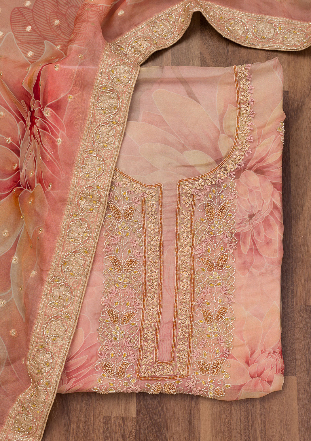 Rust Printed Semi Crepe Unstitched Salwar Suit