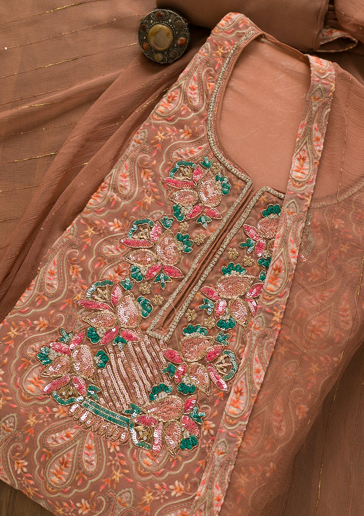 Rust Sequins Georgette Unstitched Salwar Suit-Koskii