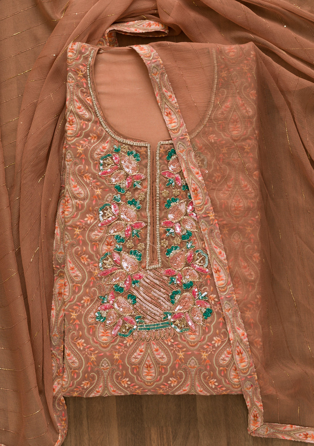 Rust Sequins Georgette Unstitched Salwar Suit-Koskii
