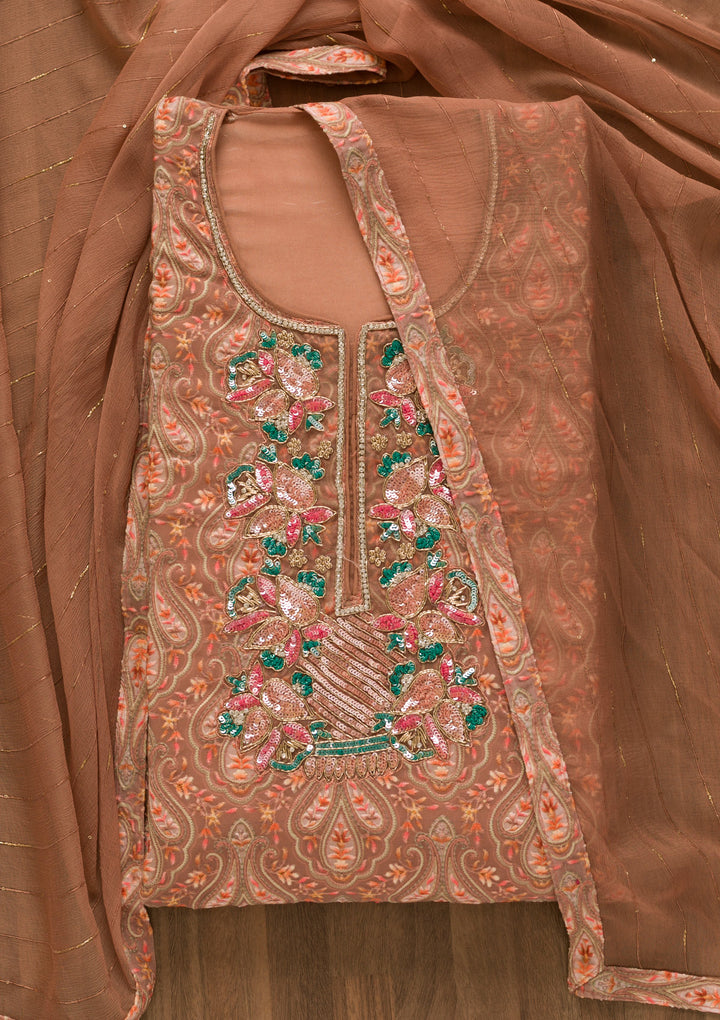 Rust Sequins Georgette Unstitched Salwar Suit-Koskii
