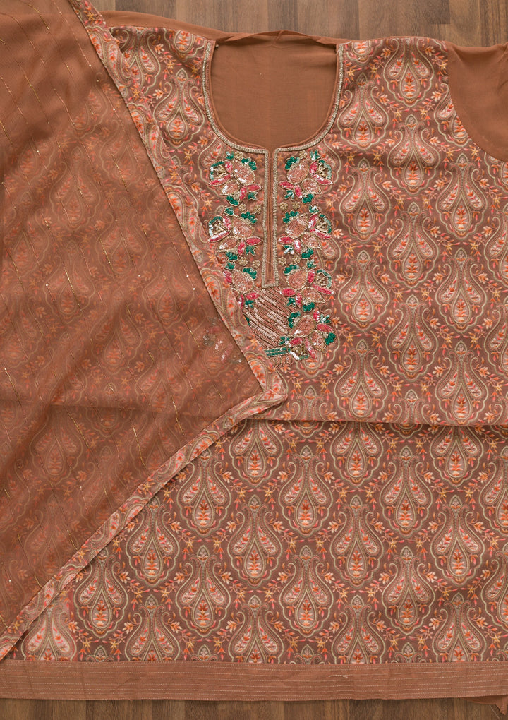 Rust Sequins Georgette Unstitched Salwar Suit-Koskii