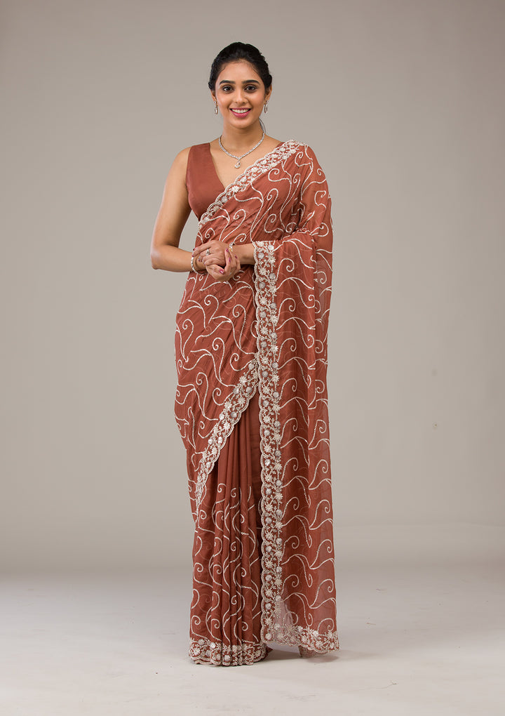 Rust Sequins Georgette Saree