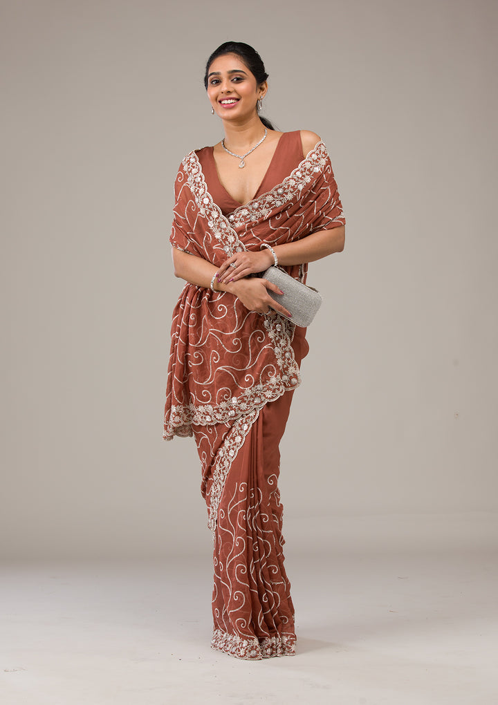 Rust Sequins Georgette Saree