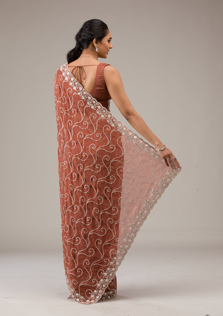 Rust Sequins Georgette Saree