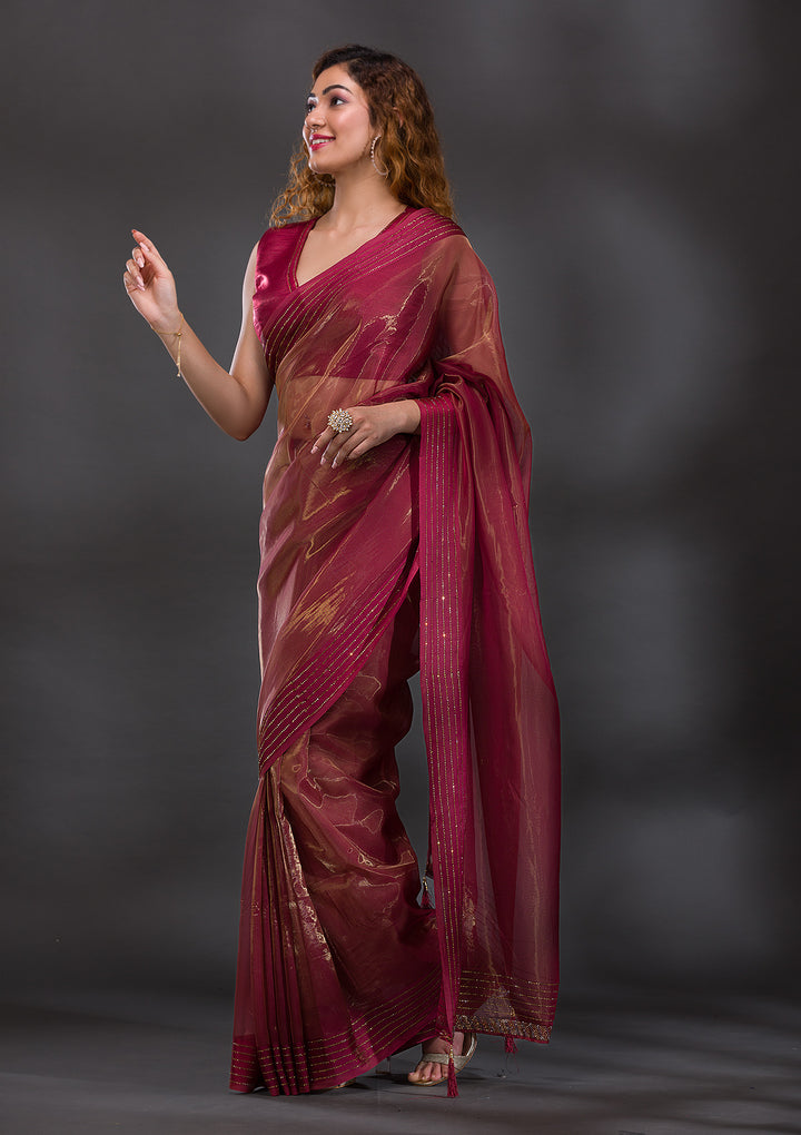 Rust Swarovski Organza Saree
