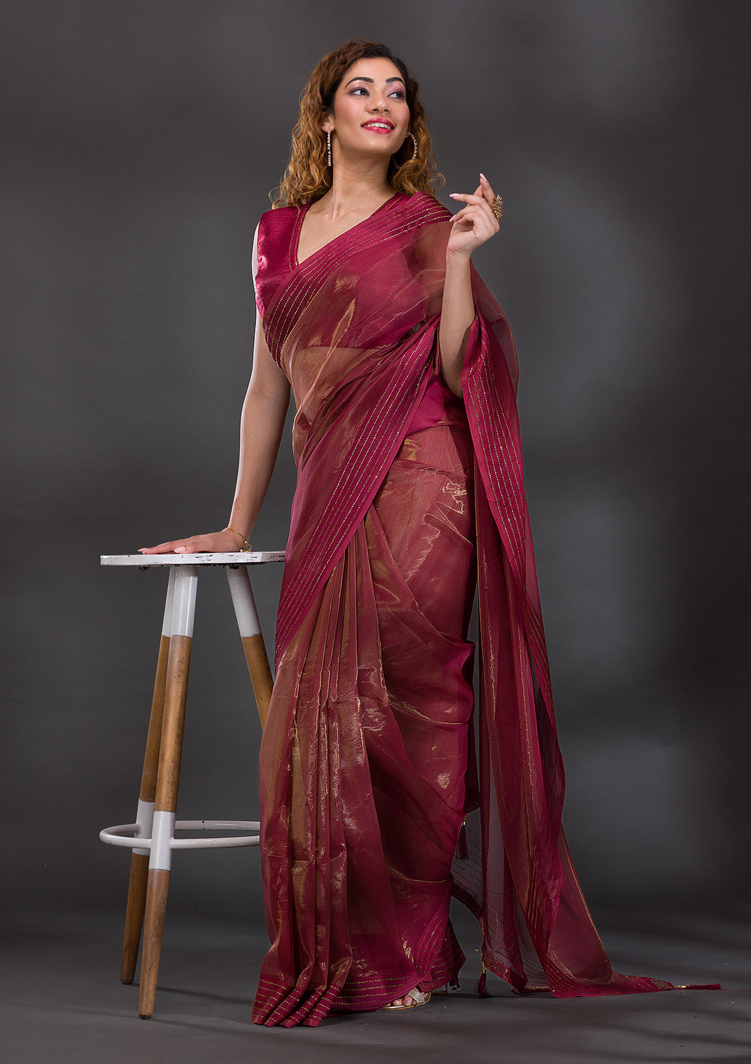 Rust Swarovski Tissue Saree-Koskii