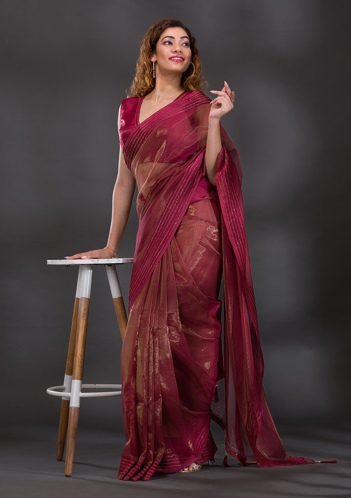 Rust Swarovski Tissue Saree-Koskii