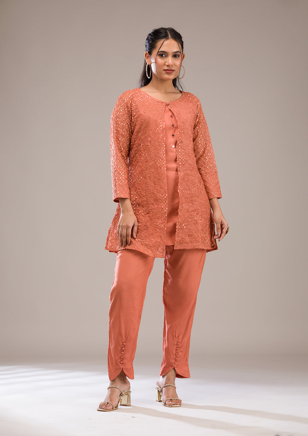 Rust Threadwork Georgette Readymade Salwar Suit