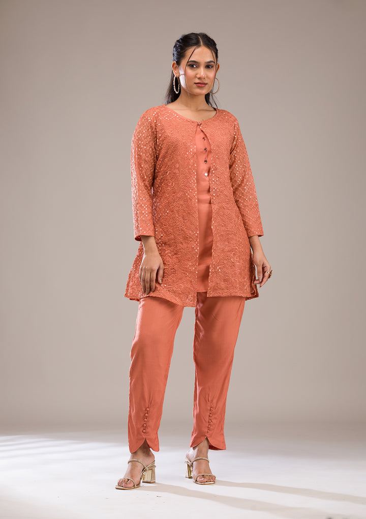 Rust Threadwork Georgette Readymade Salwar Suit