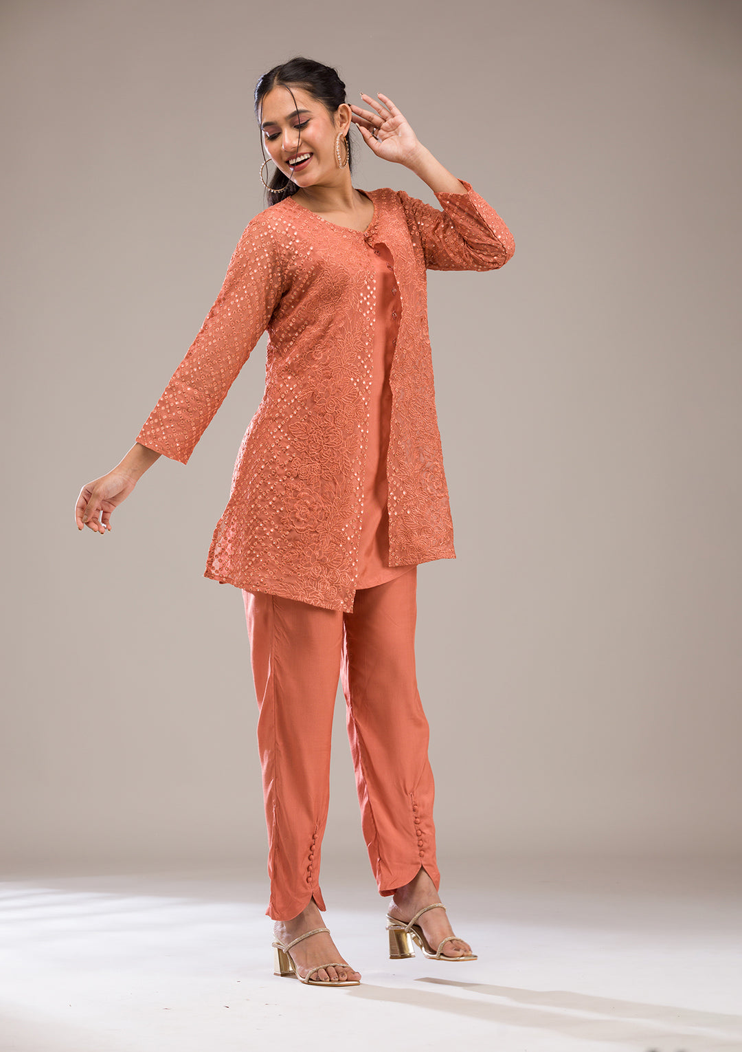 Rust Threadwork Georgette Readymade Salwar Suit