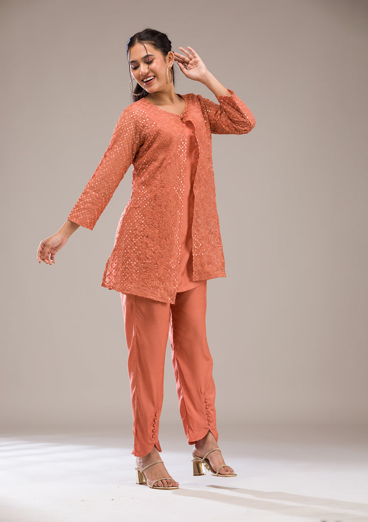 Rust Threadwork Georgette Readymade Salwar Suit