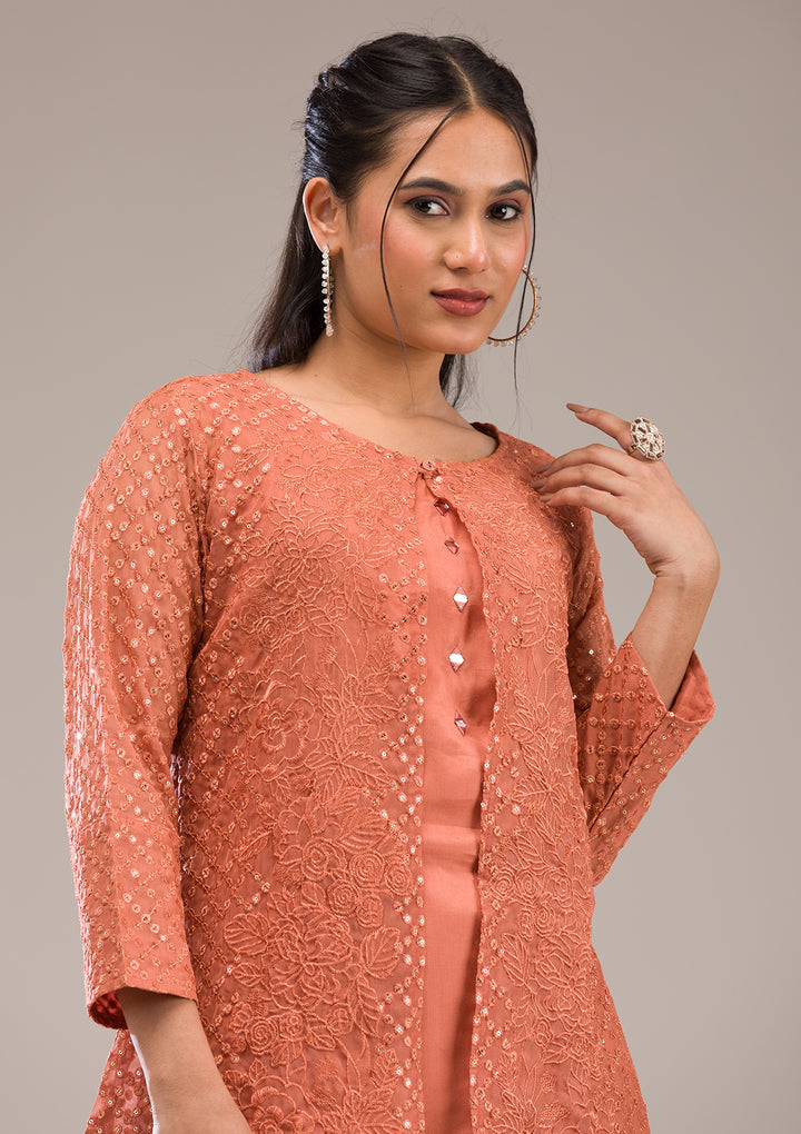 Rust Threadwork Georgette Readymade Salwar Suit
