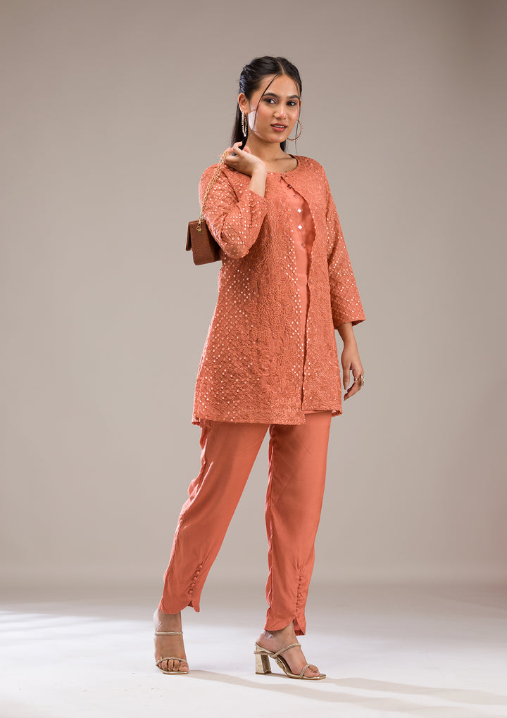 Rust Threadwork Georgette Readymade Salwar Suit