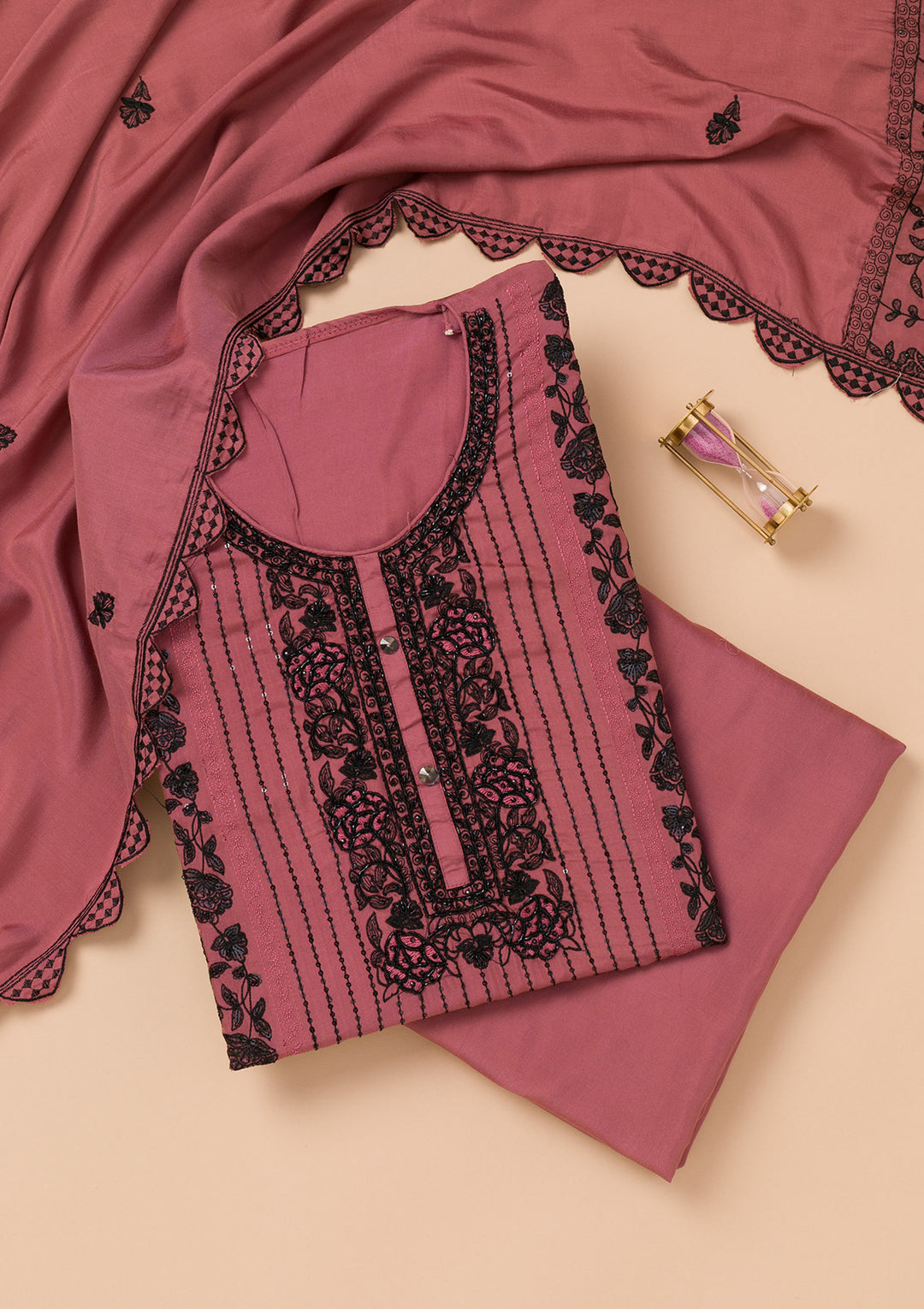 Rust Threadwork Semi Crepe Unstitched Salwar Suit