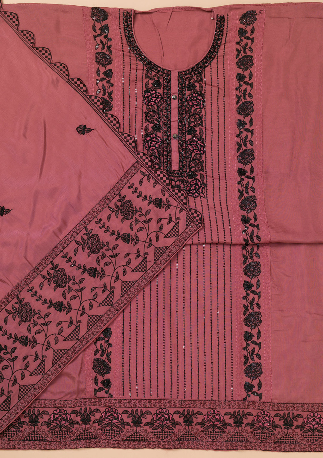 Rust Threadwork Semi Crepe Unstitched Salwar Suit