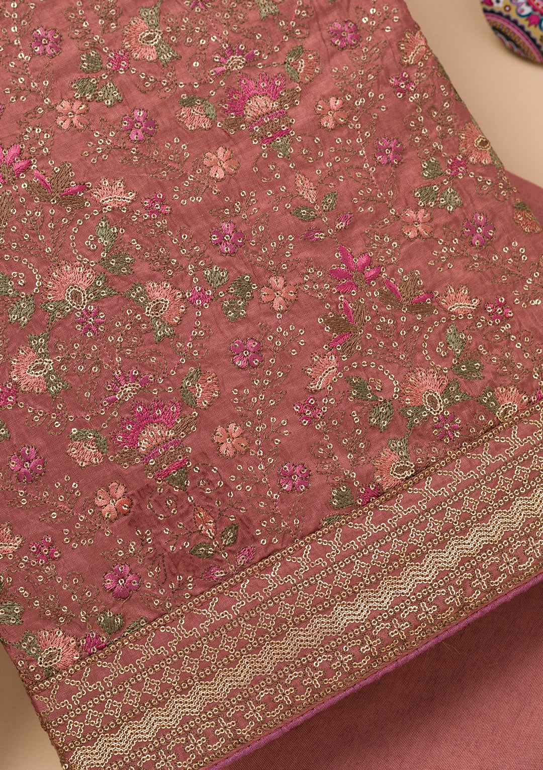 Rust Threadwork Semi Crepe Unstitched Salwar Suit