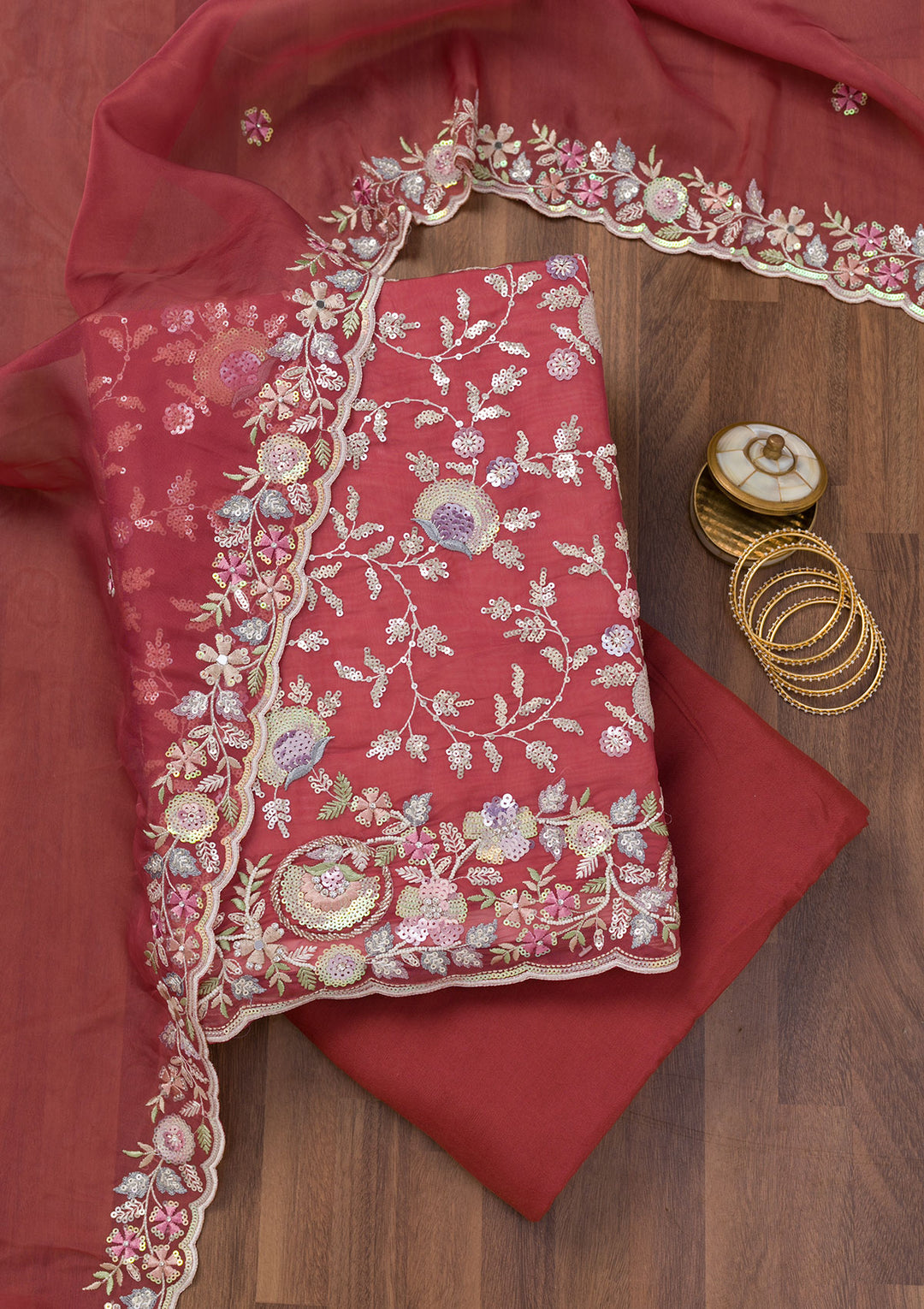 Rust Threadwork Tissue Unstitched Salwar Suit