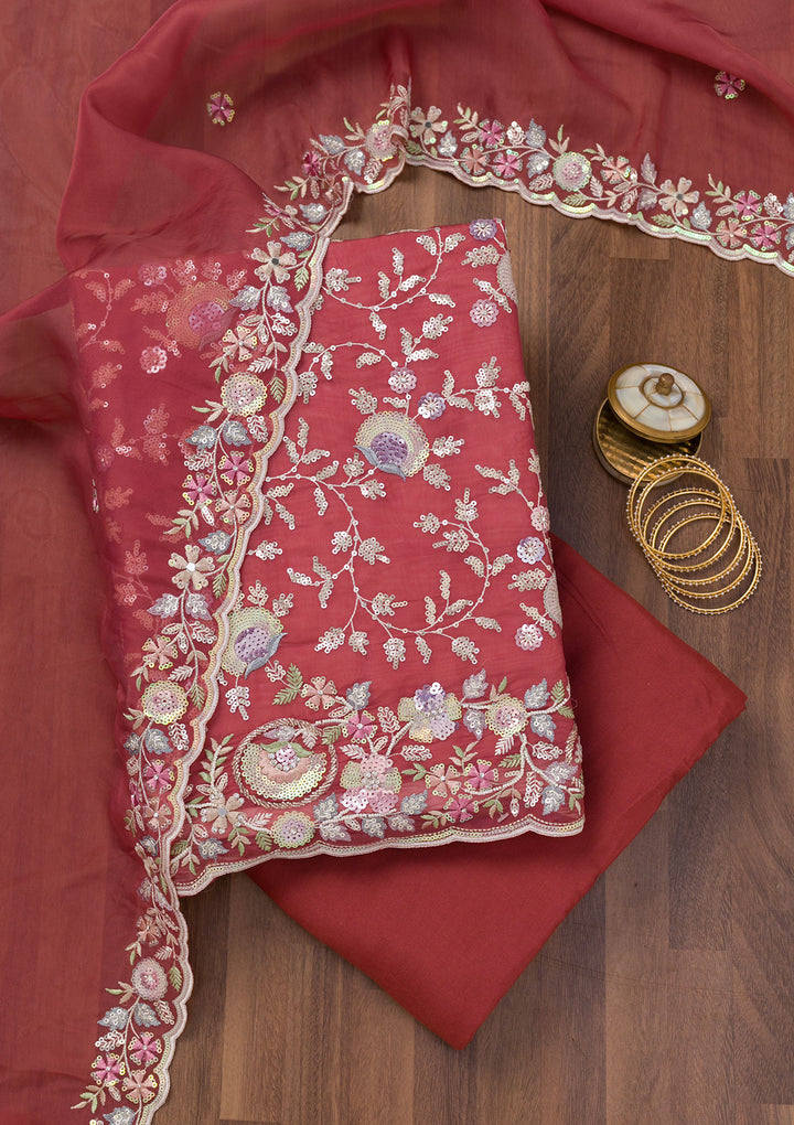 Rust Threadwork Tissue Unstitched Salwar Suit