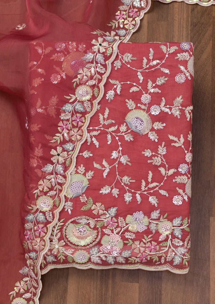 Rust Threadwork Tissue Unstitched Salwar Suit