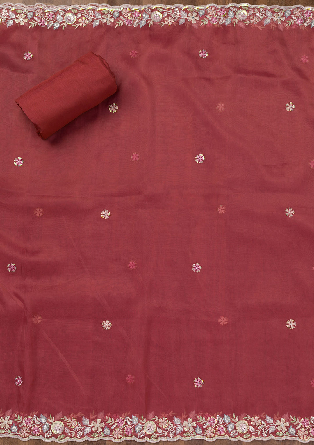 Rust Threadwork Tissue Unstitched Salwar Suit