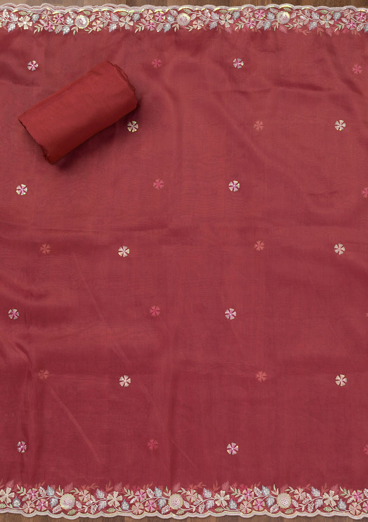 Rust Threadwork Tissue Unstitched Salwar Suit